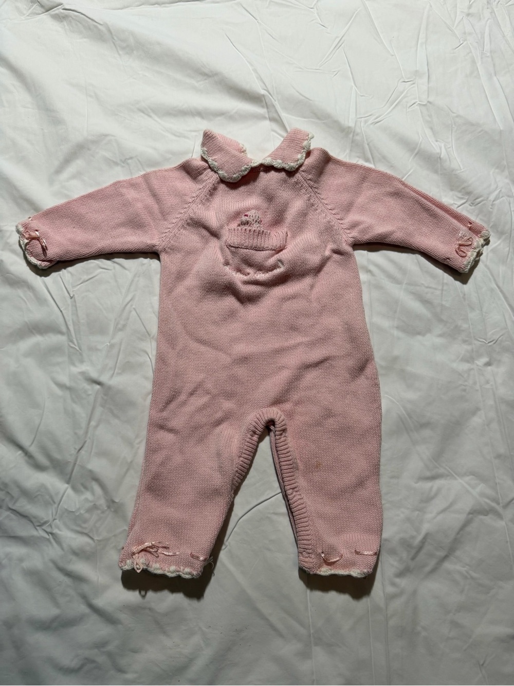 Baby GUND girl Infant Pink Knit One Piece Snap Romper Bear Pocket Size 3-6M